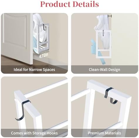 4 Pack Wall Mounted Shoe Rack for Narrow Spaces, Hanging Shoe Rack Holds 32 Pairs, 17"-30"Adjustable Heavy Duty Wall Shoe Storage with 8 Storage Hooks, Space Saving for Closet Entryway Door, White - Image 6