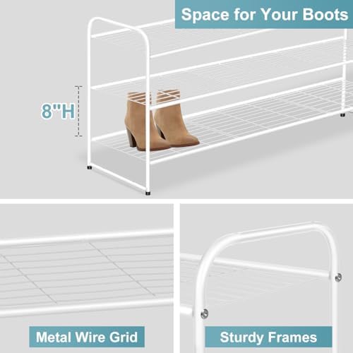 AOODA Long 3 Tier Metal Shoe Rack for Closet Wide Stackable Shoe Storage Organizer for Entryway, Bedroom, Floor, 24-Pairs Men Sneakers Boot Shelf with Wire Grid, White - Image 6