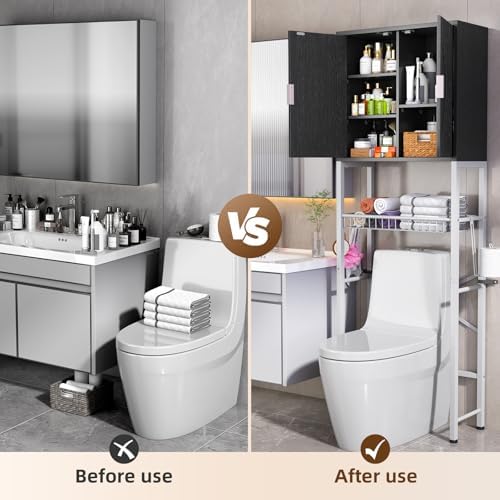 Kalrin Over The Toilet Storage Cabinet with Fluted Wave Doors and Adjustable Shelf, Wood Over Toilet Storage Rack with Drain Basket, Freestanding Bathroom Organizer for Balcony Laundry, Black & White - Image 3