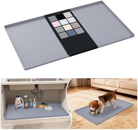 URMONA Waterproof Silicone Under Sink Mat 37'' x 22'' Shelf Liner for Kitchen and Bathroom, Cabinet and Counter Protector, Storage and Organizers, Litter Mat, Pet Cat Puppy Essentials(Light Grey) by URMONA