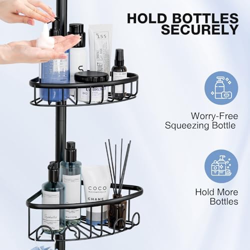 Corner Shower Caddy Tension Pole: Stainless Steel Rustproof 4-Tier Shower Organizer - 47-121 inch Adjustable Bathroom Shelves for Bathtub Shampoo Storage - Tension Rod Floor Standing Bath Rack - Black - Image 4