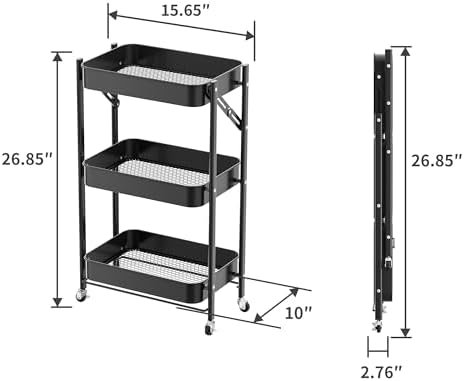 JAQ 3-Tier Foldable Rolling Cart with Wheels, No Assembly Required Metal Storage Cart, 26.8" Low Profile Under Desk Organizer, 10" Wide Narrow Utility Cart for Small Spaces, Black - Image 3