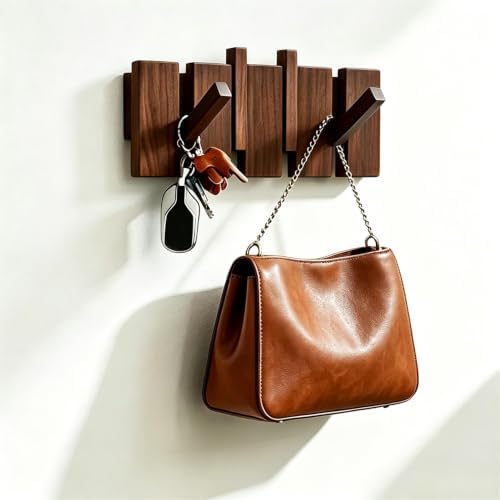 QUELLANCE Wooden Coat Hooks Wall Mounted, Coat Rack Hanger Wall Mount with 4 Hooks, Heavy Duty Coat Hooks for Hanging Coats/Keys/Hats/Robe&Towels/Plants/Bags, Home Decor Gift, Walnut by WelcometoQuellance