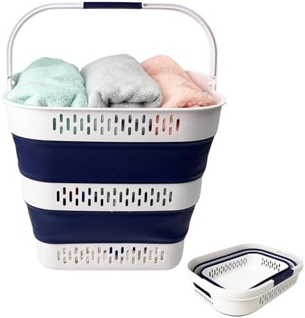 SAMMART 38L (10 Gallon) Collapsible Plastic Laundry Basket - Foldable Pop-Up Storage Container/Organizer – Portable Space Saving Laundry Hamper (1, White/Starry Blue) by SAMMART