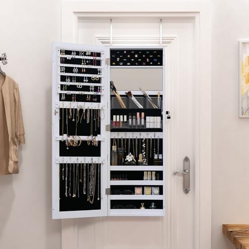 Full Length Mirror Jewelry Cabinet - 2-in-1 Organizer for Makeup and Jewelry,Lockable Door Wall-Mounted Jewelry Armoire with Shelves and Behind the Door Storage White - Image 3
