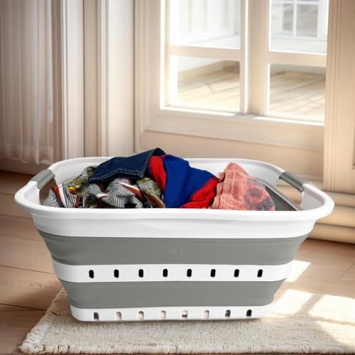 SAMMART 42L (11 gallon) Collapsible Plastic Laundry Basket - Foldable Pop Up Storage Container/Organizer - Space Saving Hamper/Basket (1, Grey/White) - Image 2