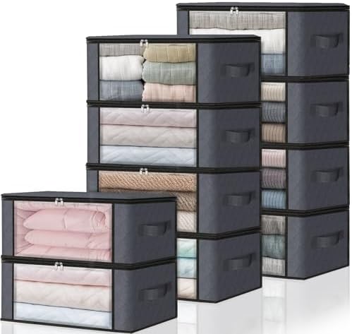 HomeHacks 10-Pack Clothes Organizer Storage Bags, 35L Storage Bins, Gray | Foldable Storage Box Container with Zippers, Clear Window, Reinforced Handles for Closet, Dorm, Pillows, Bedding, Sweater by HomeHacks