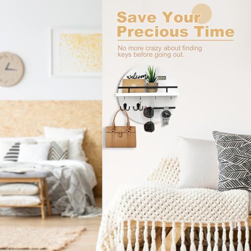 Key Holder for Wall, Key and Mail Holder Organizer with - Key Holder Wall Mount - Round Wooden Rustic Home Decor for Entryway, Mudroom, Hallway, Kitchen Office (White&Black) - Image 5
