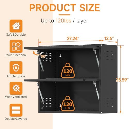 Metal Garage Wall Cabinet with Up-Flip Door, Black Float Tool Cabenit with 2 Doors,Upper Storage Cabinets with Pegboard for Kitchen,Garage,Workshop,Warehouse (25.6" H,Black) - Image 3