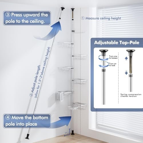 Shower Caddy Corner Tension Pole,Stainless Steel Shelves Bathroom Organizer - Image 5
