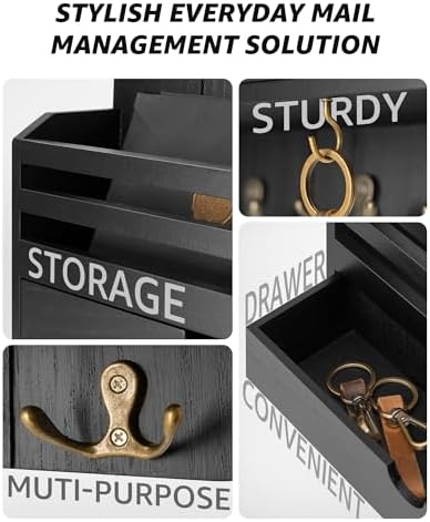 Rebee Vision Mail Organizer Wall Mount with 7 Key Hooks for Entryway, Black - Image 4