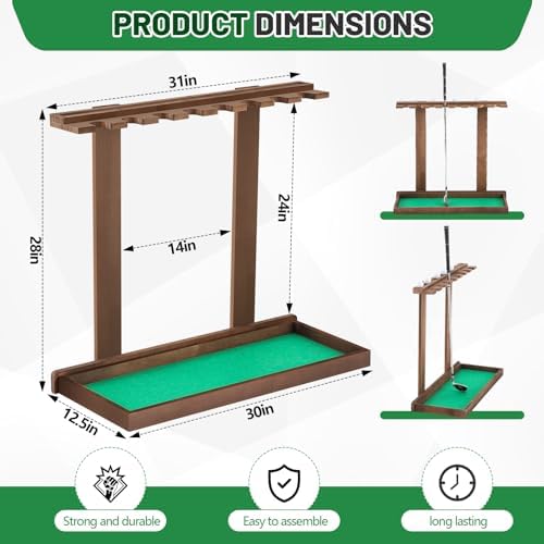 Blosssound Golf Putter Stand for 8 Clubs & 12 Balls Wooden Golf Club Holder Golfs Rack Display Organizer Storage with Artificial Grass Mat for Sports Indoor Home Garage Accessories - Image 2