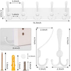 Kuhome Coat Rack Wall Mount Coat Hooks Wooden Hat Rack for Wall Hooks Pine Real Wood Plank 16.9" White Coat Hanger with 5 White Triple Hooks for Hanging Coat Hat Jacket - Image 2