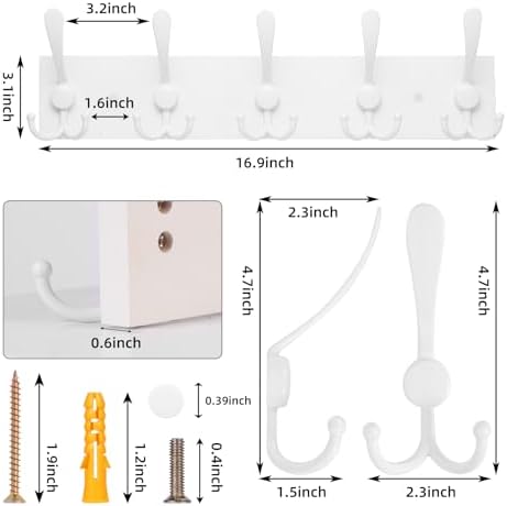 Kuhome Coat Rack Wall Mount Coat Hooks Wooden Hat Rack for Wall Hooks Pine Real Wood Plank 16.9" White Coat Hanger with 5 White Triple Hooks for Hanging Coat Hat Jacket - Image 2