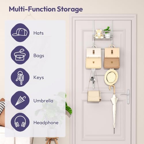 SWTYMIKI Over the Door Purse Organizer - Wall Mounted Handbag Organizer with 10 Hooks and Metal Basket, Hanging Purse Storage Rack Holds up to 10 Bags, Bag Rack Can Use As 1/2 Part, for Door, Closet - Image 2