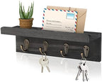 HRONRAD Rustic Key Holder for Wall, Farmhouse Wall Shelf with 4 Hooks, Wall Mounted Key Racks, Wooden Mail Organizer with Hooks for Entryway (Black - Pine) by Hronrad