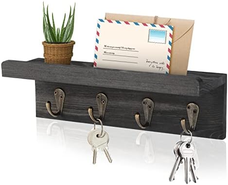 HRONRAD Rustic Key Holder for Wall, Farmhouse Wall Shelf with 4 Hooks, Wall Mounted Key Racks, Wooden Mail Organizer with Hooks for Entryway (Black - Pine) by Hronrad