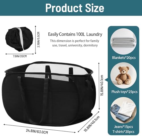 100L Collapsible Laundry Baskets, Tear Proof Pop Up Laundry Hamper with Dual Handles, Large Foldable Laundry Basket, Easy to Carry Laundry Hamper for Home, Laundry Room, Bedroom, Dorm, Travel Black - Image 4