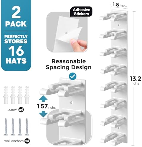 Hat Organizer for Baseball Caps Wall, 2 Pack Hat Holder for Closet Door Hold up to 16 Hats,Hat Hook with Adhesive and 8 Screws, Hat Hanger Cap Holder Hat Hangers for Wall Closet Door Bedroom(A-White) - Image 6