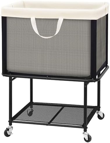 STO STO Rolling Laundry Hamper with Lockable Wheels, 29-Gallon (110L) Laundry Cart with Removable Canvas Bag, 2-Tier Clothes Basket Hamper with Shelf for Closet, Bedroom, Bathroom, Laundry Room, Beige by STOSTO