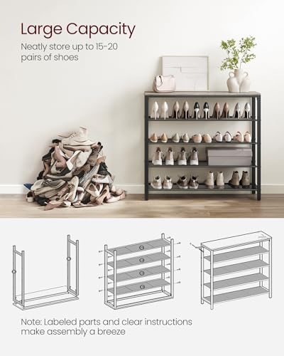 VASAGLE INDESTIC Shoe Rack, Organizer for Closet with 4 Mesh Shelves and Large Top for Bags, Entryway Hallway Shelf, Steel Frame, Industrial, Greige and Black ULBS015B02, 11.8 x 39.4 x 36.4 Inches - Image 5