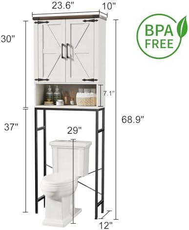 Over The Toilet Storage Cabinet with Farmhouse Doors and Adjustable Shelf, Tall Bathroom Organizer with Metal Stand Space Saver Over Toilet , Wood Rack for Bathroom, Restroom, Laundry, White - Image 2