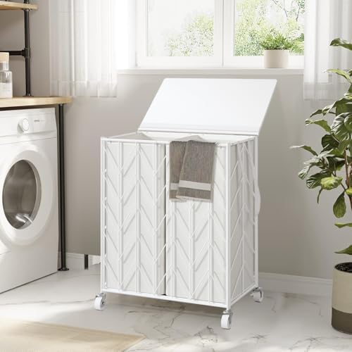 WOWLIVE Double Laundry Hamper with Lid, Rolling Laundry Basket with Wheels - Image 4