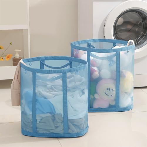 Mesh Bag with Handles, Collapsible Laundry Basket, Foldable Laundry Bag, Breathable Folding Beach Bag,Space-saving Travel Tote Bags (2, Blue) by HGZBS