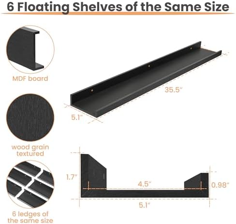 upsimples Floating Shelves for Wall Decor and Storage, Black, 6Pcs 35.5'' - Image 3