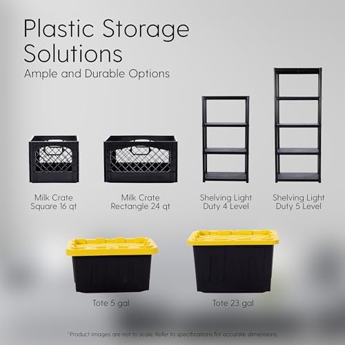 Plastic 5-Gallon Storage Tote with Lockable Lid, Stackable Tough Regular-Duty Bin for Garage, Tools, and Home Organization (4-Pack) - Black and Yellow - Image 4