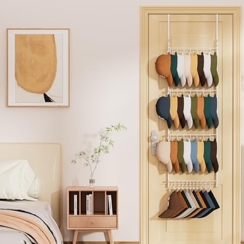 HapiRm Over Door Hat Organizer - 4 Tier Wall Mounted Hat Rack with 24 Hooks and 10 Movable Clips, Hanging Baseball Cap Organizer Storage Holds to 34 Caps for Door, Bedroom, Closet(White) - Image 6