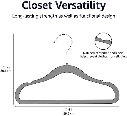 Amazon Basics Kids Space Saving Velvet Non-Slip Clothes Hangers with Shoulder Notches for Infant and Toddler, Sturdy, 11.6", Gray, 50-Pack - Image 4
