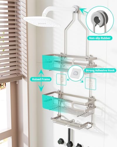 HapiRm Bathroom Hanging Shower Caddy - Rustproof Shower Shelf with 12 Hooks and 2 Soap Holders, No Drilling Bathroom Organizers and Storage - Brushed Nickel - Image 5