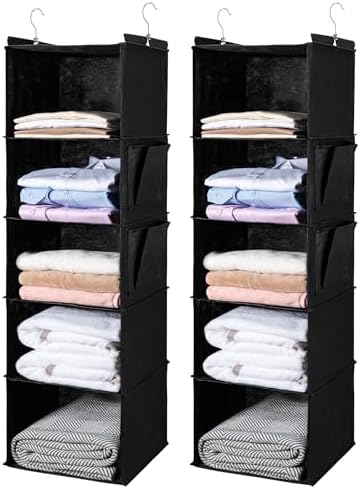 BOOMIBOO Hanging Closet Organize and Shelves,5-Hanging Shelf（2 Pack,Black） | with 2 Side Pockets，Storage Foldable by BOOMIBOO