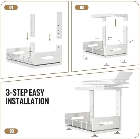 Under Sink Organizer Upgrade To Professional Rails,2-Tier Dual Pull Out Cabinet Storage,Height Adjustable Slide Out Drawers For Bathroom Kitchen,2 Pack-14.5" Dx12.8-16.9" H,White - Image 5