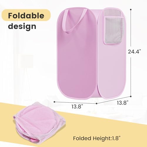 Polyester Strong Mesh Pop-up Laundry Hamper, Quality Pop Up Hampers for Laundry with Durable Handles Solid Bottom High Carbon Steel Frame, Easy to Open and Fold Flat for Storage(Light Pink) - Image 2