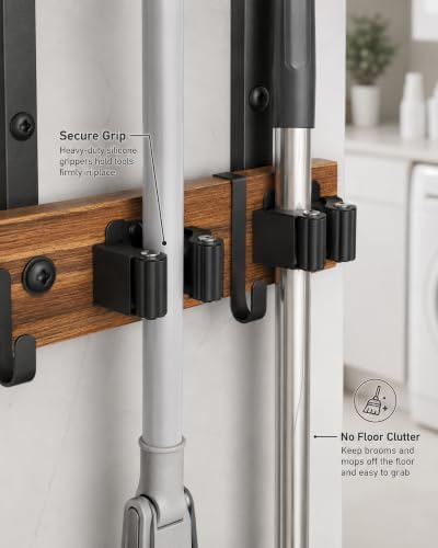Broom and Mop Holder Wall Mount, 27" Large Organizer with Wood Shelf - Image 3