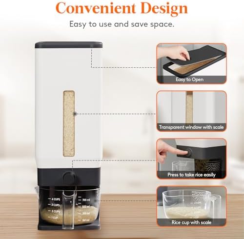 Lifewit Rice Dispenser 25 Lbs, Airtight Storage with Measuring Cup, Black - Image 4