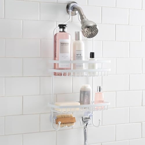 Bath Bliss Shower Head Caddy, Suction Cup Backing, 2 Tier Shelving & 6 Accessory Hooks, White (23386-WHITE) - Image 3