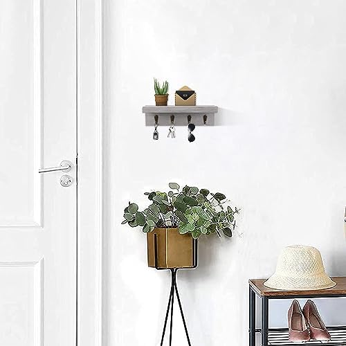 HRONRAD Rustic Key Holder for Wall, Farmhouse Wall Shelf with 4 Hooks, Wall Mounted Key Racks, Wooden Mail Organizer with Hooks for Entryway (Grey) - Image 5