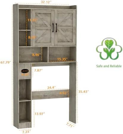 Vabches Over The Toilet Storage Cabinet with 2 Barn Doors, Grey - Image 2