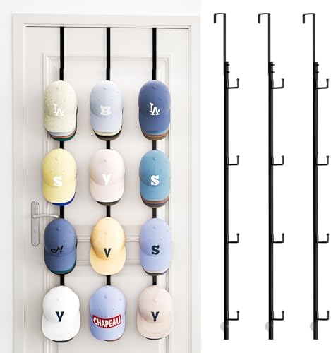 SWTYMIKI Over Door Hat Rack - 3 Packs Metal Hanging Hat Organizer with 12 Hooks Design, Baseball Cap Hanger Organizer Storage Holds up to 60 Caps for Door, Bedroom, Closet by SwtyMiki-TidyHomeSweetLife