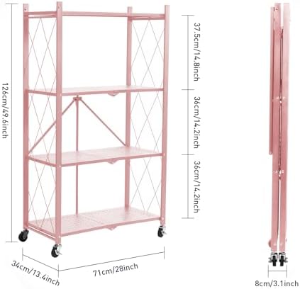 BRIAN & DANY 4-Tier Foldable Storage Shelves with Wheels, Folding Metal Rack Shelving Unit, Heavy Duty No Assembly Organizer Shelf for Garage, Kitchen, Basement, Pantry, Pink - Image 3