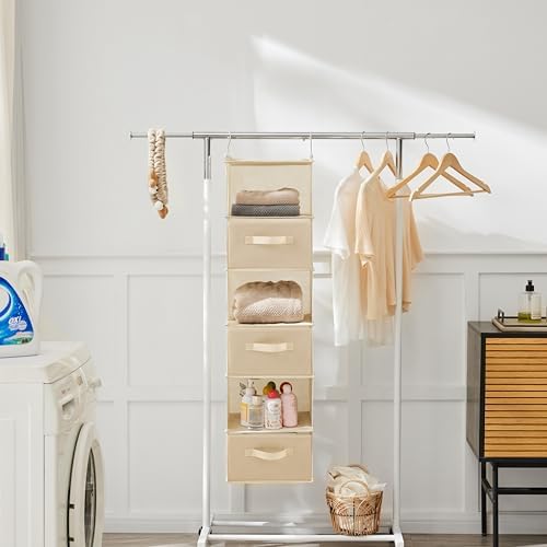 MAX Houser 6 Tier Shelf Hanging Closet Organizer, Closet Hanging Shelf with 2 Sturdy Hooks for Storage, Foldable (Beige-D3) | foldable lightweight fabric space-saving design for Bedroom, Closet Hanging Shelf for Storage with Removable Drawers - Image 5