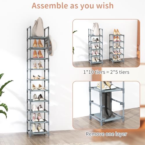 LANTEFUL Narrow Shoe Rack 10-Tier Tall Shoe Organizer Skinny Shoe Shelf Storage for 10-15 Pairs Shoe and Boot, Space Saving Corner Shoe Rack Organizer for Closet, Entryway, Living Room, Grey - Image 5