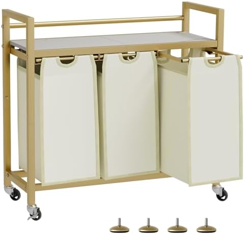 SwaaVee Laundry Sorter, Laundry Hamper 3 Section, 3×11.4Gal, Metal Frame Rolling Laundry Basket with Wooden Top Shelf, Pull out and Removable Laundry Bags, 3 Bags-Golden by SwaaVeeYourBestOrganizingHelper