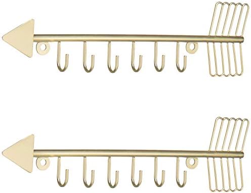 MyGift Brass-Tone Metal Wall Mounted Arrow Design Necklace Organizer Rack with 6 Hooks, Set of 2 - Image 6