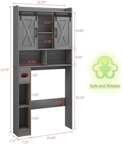 Vabches Over The Toilet Storage Cabinet with Sliding Doors, Wash Grey - Image 2