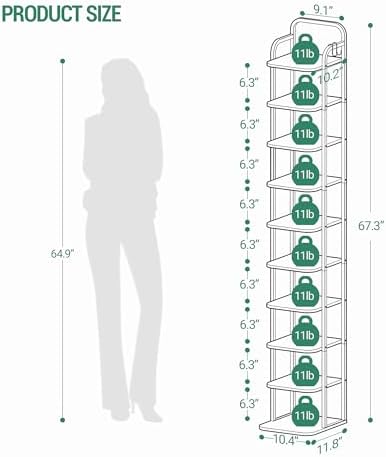 Hzuaneri 10 Tiers Vertical Shoe Rack, Narrow Shoe Tower, Tall Shoes Shelf with 2 Hooks, Adjustable Shelves, Corner Shoes Shelves for Small Spaces, Entryway, Living Room, Greige SR11205B - Image 2