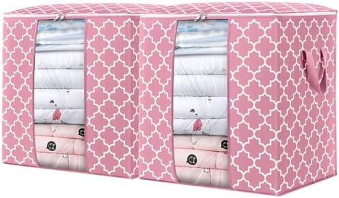 Storage Bags 2 Pack 100L Clothes Organization and Storage Containers | Large Blanket for Comforters,Bedding, Foldable Organizer with Reinforced Handle, Clear Window, Sturdy Zippers, Pink by WiseLife